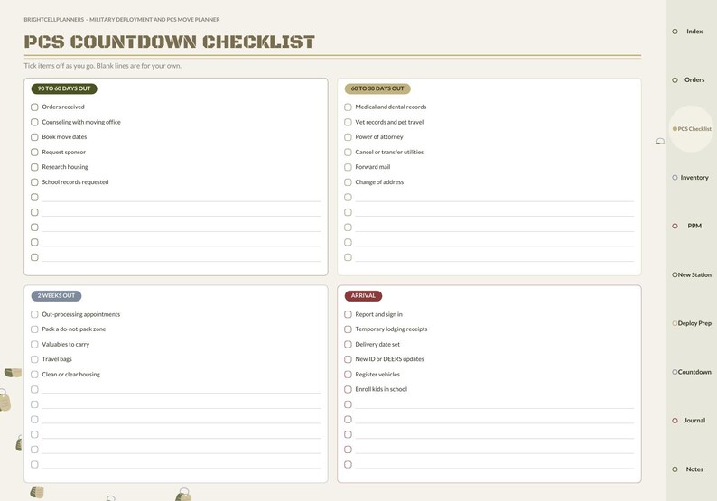 May include: A digital PCS Countdown Checklist planner page with a beige background. It features four sections labeled 90 to 60 days out, 60 to 30 days out, 2 weeks out, and arrival, each containing checkboxes and lines for tracking moving tasks.