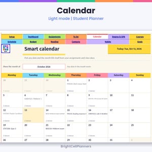 May include: A digital student planner interface titled Calendar Light mode. The layout features a navigation bar with tabs like Setup, Dashboard, and Assignments. A Smart calendar section displays October 2026 with daily entries for classes and tasks.