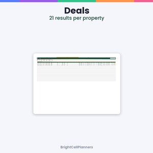 May include: A digital spreadsheet interface titled Deals with 21 results per property, featuring a dark green header bar, a white data grid with multiple columns and rows, and the brand name BrightCellPlanners at the bottom.