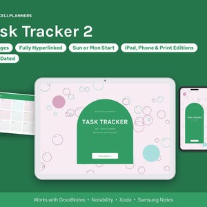 May include: A digital task tracker planner displayed on a tablet and smartphone, featuring a green background with bubble graphics. Text includes BRIGHTCELLPLANNERS, Task Tracker 2, 26 Pages, Fully Hyperlinked, Sun or Mon Start, 2027 Dated.