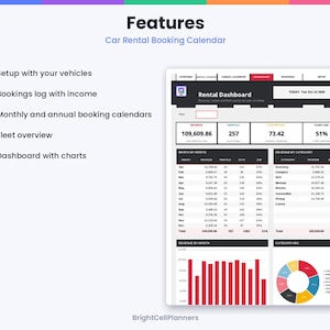 May include: A digital car rental booking calendar dashboard featuring a rental dashboard interface with data tables, revenue metrics, a bar chart, and a pie chart. The text includes Features, Car Rental Booking Calendar, and BrightCellPlanners.