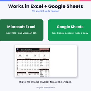K&ouml;nnte beinhalten: Eine digitale Dashboard-Vorlage mit dem Titel Annual P&L Dashboard, kompatibel mit Microsoft Excel 2016+ und Google Sheets. Die Grafik zeigt zwei gr&uuml;ne rechteckige Boxen f&uuml;r Softwarekompatibilit&auml;t und eine Vorschau einer Tabelle.