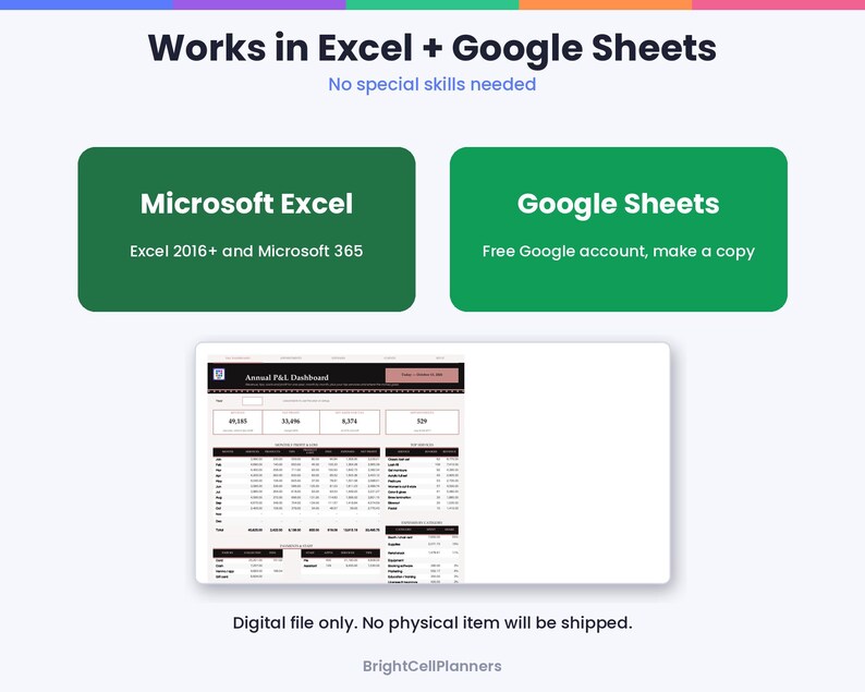 K&ouml;nnte beinhalten: Eine digitale Dashboard-Vorlage mit dem Titel Annual P&L Dashboard, kompatibel mit Microsoft Excel 2016+ und Google Sheets. Die Grafik zeigt zwei gr&uuml;ne rechteckige Boxen f&uuml;r Softwarekompatibilit&auml;t und eine Vorschau einer Tabelle.