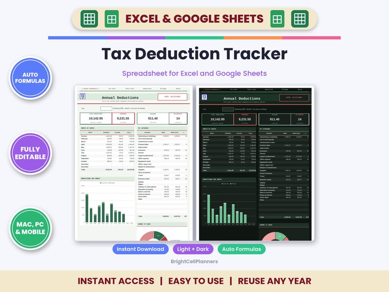 Tax Deduction Tracker Spreadsheet – Self-Employed Write-Offs, Mileage Log (Digital Download) image 1