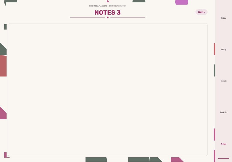 Peut inclure: Une page de planificateur num&eacute;rique intitul&eacute;e NOTES 3 avec une grande zone centrale vide pour &eacute;crire. L'interface pr&eacute;sente un fond cr&egrave;me clair, du texte violet fonc&eacute; et une barre lat&eacute;rale avec des onglets de navigation Index, Setup, Matrix, Task list et Notes.