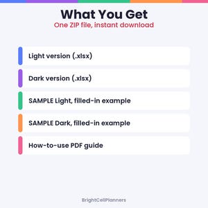May include: A digital product listing titled What You Get, One ZIP file, instant download. It lists five items: Light version (.xlsx), Dark version (.xlsx), SAMPLE Light, filled-in example, SAMPLE Dark, filled-in example, and How-to-use PDF guide.