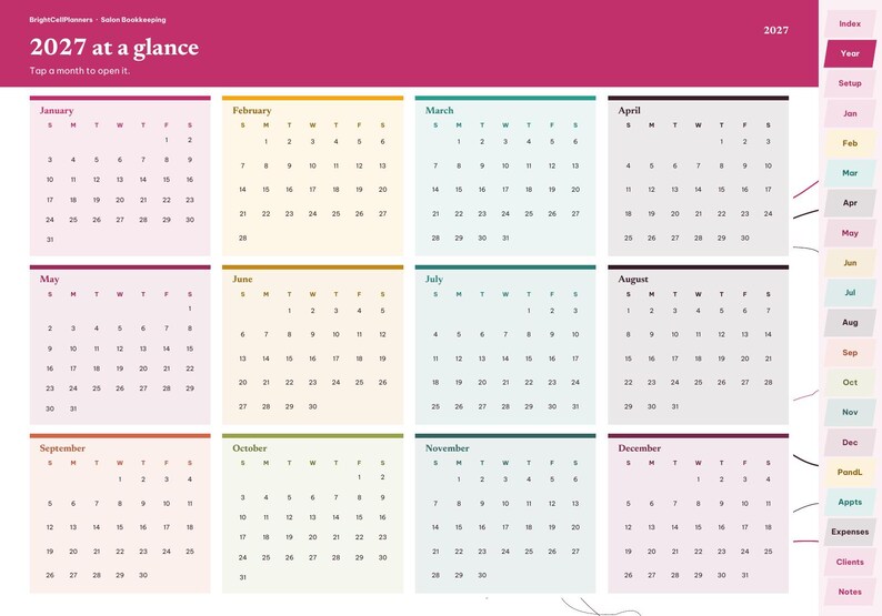 Puede incluir: Una p&aacute;gina de calendario digital 2027 titulada 2027 at a glance con doce cuadr&iacute;culas mensuales en colores pastel. El dise&ntilde;o incluye una barra lateral con pesta&ntilde;as de navegaci&oacute;n etiquetadas como Index, Year, Setup, meses y categor&iacute;as como Appts y Expenses.
