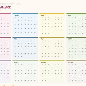 May include: A 2027 digital business planner page titled 2027 AT A GLANCE, featuring twelve monthly calendar grids in pastel colors. A vertical navigation sidebar on the right lists tabs for months and categories like Children, Tuition, and Taxes.