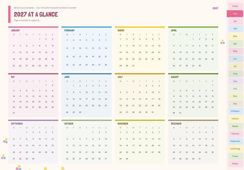 May include: A 2027 digital business planner page titled 2027 AT A GLANCE, featuring twelve monthly calendar grids in pastel colors. A vertical navigation sidebar on the right lists tabs for months and categories like Children, Tuition, and Taxes.