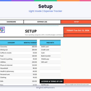 May include: A digital expense tracker spreadsheet titled Setup with a light mode interface. It features columns for spending categories, monthly budgets, and payment methods, including a date display of Tuesday, October 13, 2026.