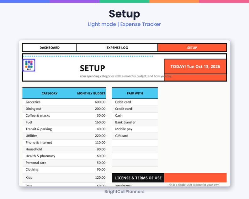May include: A digital expense tracker spreadsheet titled Setup with a light mode interface. It features columns for spending categories, monthly budgets, and payment methods, including a date display of Tuesday, October 13, 2026.