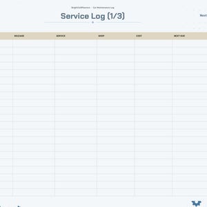 May include: A digital car maintenance service log planner page with a light blue background and gear icons. The header reads Service Log (1/3). Columns include Date, Mileage, Service, Shop, Cost, and Next Due. A vertical navigation tab menu is on the right.