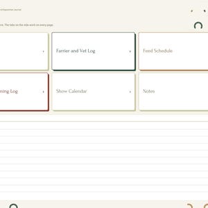 May include: A digital equestrian journal index page featuring a light beige background with horseshoe icons. It includes clickable rectangular buttons labeled Horse Profile, Farrier and Vet Log, Feed Schedule, Riding and Training Log, Show Calendar, and Notes.