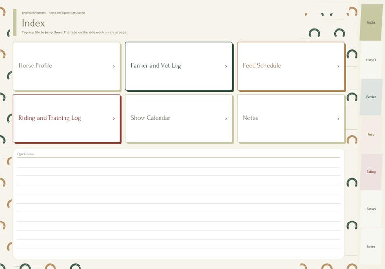 May include: A digital equestrian journal index page featuring a light beige background with horseshoe icons. It includes clickable rectangular buttons labeled Horse Profile, Farrier and Vet Log, Feed Schedule, Riding and Training Log, Show Calendar, and Notes.