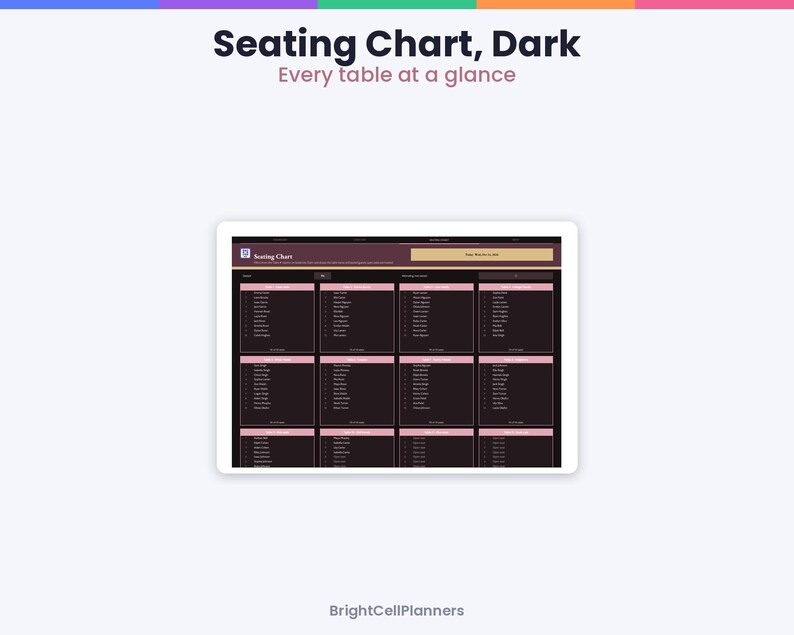 May include: A digital seating chart interface titled Seating Chart, Dark with the subtitle Every table at a glance. The display features a dark background with twelve rectangular table blocks, each containing a list of names in pink headers.