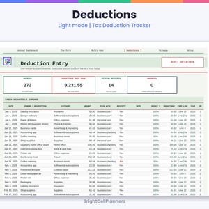 May include: A digital tax deduction tracker spreadsheet titled Deductions, featuring a light mode interface. It displays a Deduction Entry dashboard with summary boxes for entries, deductible amounts, missing receipts, and unsorted items.