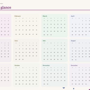 May include: A digital 2027 calendar planner page titled 2027 at a glance, featuring twelve monthly grids in pastel-colored boxes. A vertical navigation sidebar on the right includes tabs for Index, Year, Setup, Dashboard, and months.