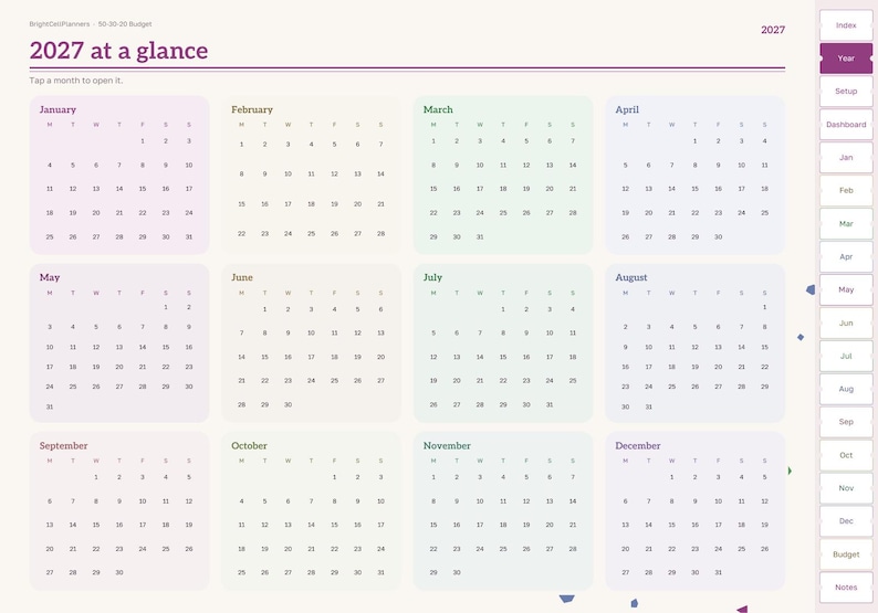 May include: A digital 2027 calendar planner page titled 2027 at a glance, featuring twelve monthly grids in pastel-colored boxes. A vertical navigation sidebar on the right includes tabs for Index, Year, Setup, Dashboard, and months.