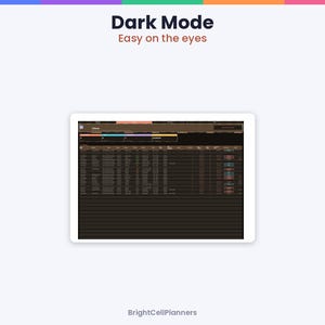 May include: A digital tablet displaying a dark mode spreadsheet interface with rows and columns. The text at the top reads Dark Mode Easy on the eyes, and the bottom text reads BrightCellPlanners. The screen features a dark brown background.