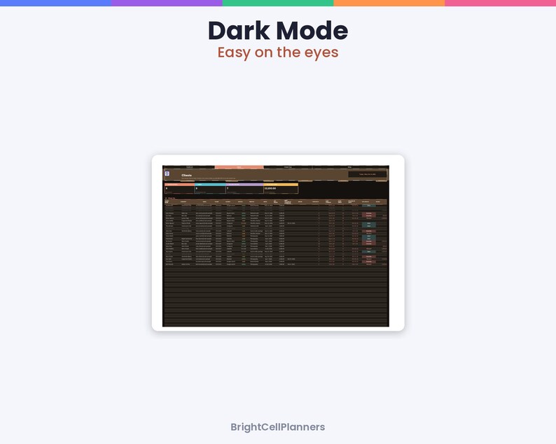 May include: A digital tablet displaying a dark mode spreadsheet interface with rows and columns. The text at the top reads Dark Mode Easy on the eyes, and the bottom text reads BrightCellPlanners. The screen features a dark brown background.