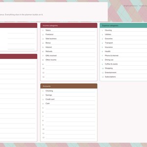 Op de afbeelding: Een digitale financi&euml;le planner-instellingenpagina met een kastanjebruine koptekst met het label Setup. Het bevat secties voor The basics, Income categories, Expense categories, Notes en Accounts, met een verticale navigatiebalk aan de rechterkant.