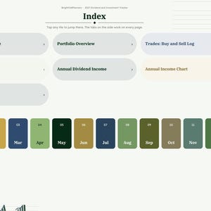 Puede incluir: Una p&aacute;gina de &iacute;ndice digital para el seguimiento de dividendos e inversiones de 2027 con botones de navegaci&oacute;n para cartera, operaciones, lista de seguimiento e ingresos anuales. Doce botones mensuales de Jan a Dec.
