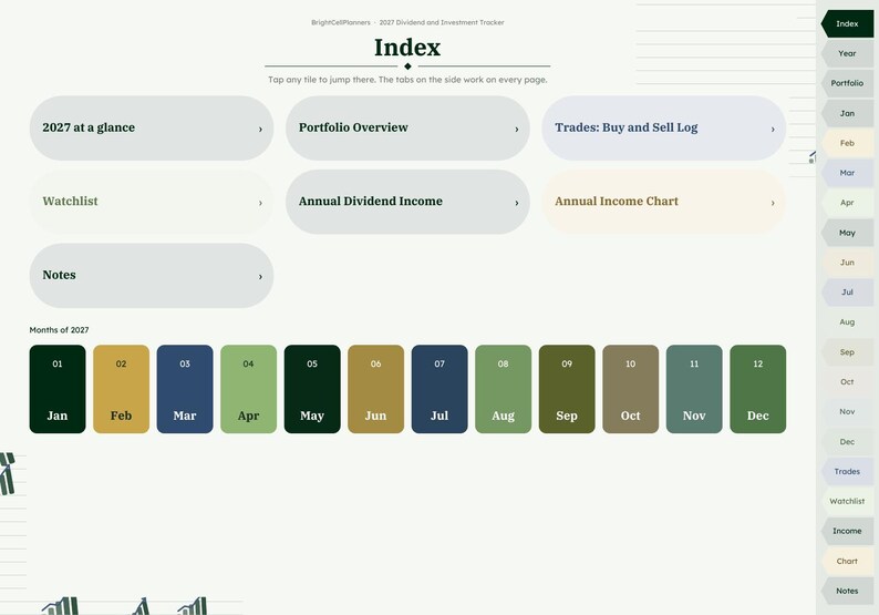Puede incluir: Una p&aacute;gina de &iacute;ndice digital para el seguimiento de dividendos e inversiones de 2027 con botones de navegaci&oacute;n para cartera, operaciones, lista de seguimiento e ingresos anuales. Doce botones mensuales de Jan a Dec.