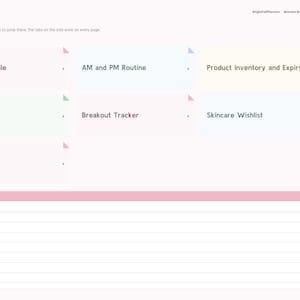 May include: A digital skincare routine journal index page featuring a light pink background with pastel-colored navigation tiles labeled My Skin Profile, AM and PM Routine, Product Inventory and Expiry, Skin Diary, Breakout Tracker, Skincare Wishlist, and Notes.