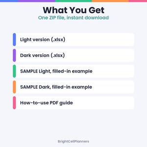 Puede incluir: Un gr&aacute;fico de listado de productos digitales titulado What You Get, One ZIP file, instant download. Enumera cinco elementos: Light version (.xlsx), Dark version (.xlsx), SAMPLE Light, filled-in example, SAMPLE Dark, filled-in example y How-to-use PDF guide.