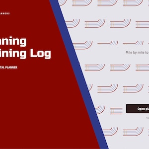 May include: A digital running training log planner with a dark red left panel featuring white text that reads BRIGHTCELLPLANNERS, Running Training Log, and UNDATED - DIGITAL PLANNER. The right panel is light gray with a repeating track pattern.