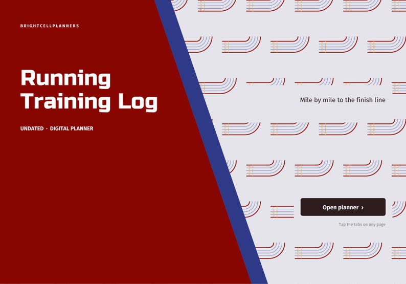 May include: A digital running training log planner with a dark red left panel featuring white text that reads BRIGHTCELLPLANNERS, Running Training Log, and UNDATED - DIGITAL PLANNER. The right panel is light gray with a repeating track pattern.