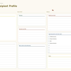 May include: A Care Recipient Profile planner page with a cream background. Sections include Name, Date of birth, Address, Photo, Allergies, Mobility and diet, Insurance and IDs, Legal documents, Diagnosis and conditions, Daily routine, and Notes.