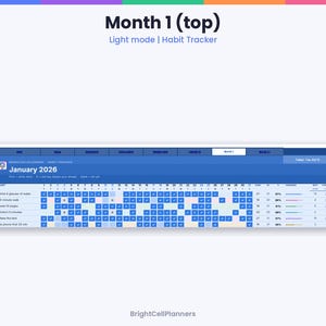 May include: A digital habit tracker interface titled Month 1 (top) Light mode | Habit Tracker. The display shows a January 2026 calendar grid with rows for daily tasks, blue checkmark boxes, percentage completion rates, and progress bars.