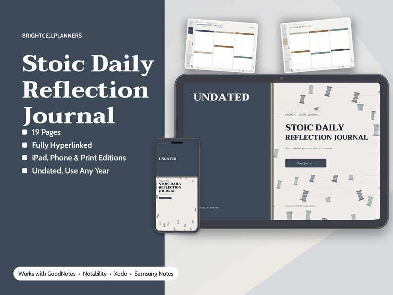 May include: A digital Stoic Daily Reflection Journal displayed on a tablet and smartphone screen. The interface features dark blue and cream tones with text reading Stoic Daily Reflection Journal, Undated, and 19 Pages. Includes planner page previews.