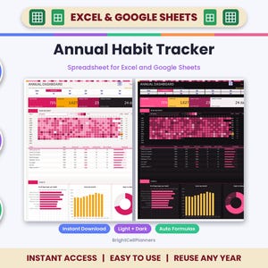 May include: An annual habit tracker spreadsheet for Excel and Google Sheets featuring light and dark mode dashboards. The interface displays progress bars, heat maps, and charts in pink, yellow, and black. Text includes "Annual Habit Tracker," "Auto Formulas," "Fully Editable," and "Mac, PC & Mobile."