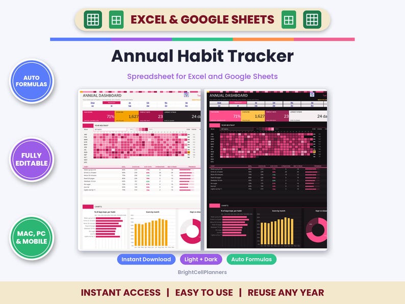 May include: An annual habit tracker spreadsheet for Excel and Google Sheets featuring light and dark mode dashboards. The interface displays progress bars, heat maps, and charts in pink, yellow, and black. Text includes "Annual Habit Tracker," "Auto Formulas," "Fully Editable," and "Mac, PC & Mobile."