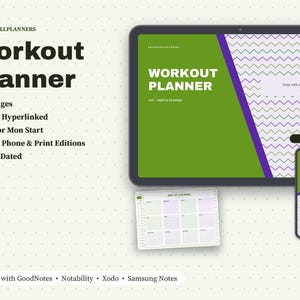 May include: A digital workout planner displayed on a tablet and smartphone, featuring a green and purple chevron design. Text includes 'BRIGHTCELLPLANNERS', 'Workout Planner', '28 Pages', 'Fully Hyperlinked', 'Sun or Mon Start', '2027 Dated', and 'Works with GoodNotes'.