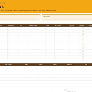 Puede incluir: Una p&aacute;gina de planificador digital anual de p&eacute;rdidas y ganancias para 2027 con un encabezado amarillo titulado Annual P&L. El dise&ntilde;o incluye columnas para mes, servicios, productos, propinas, costos, tarifas y beneficio neto, con una barra de pesta&ntilde;as lateral.