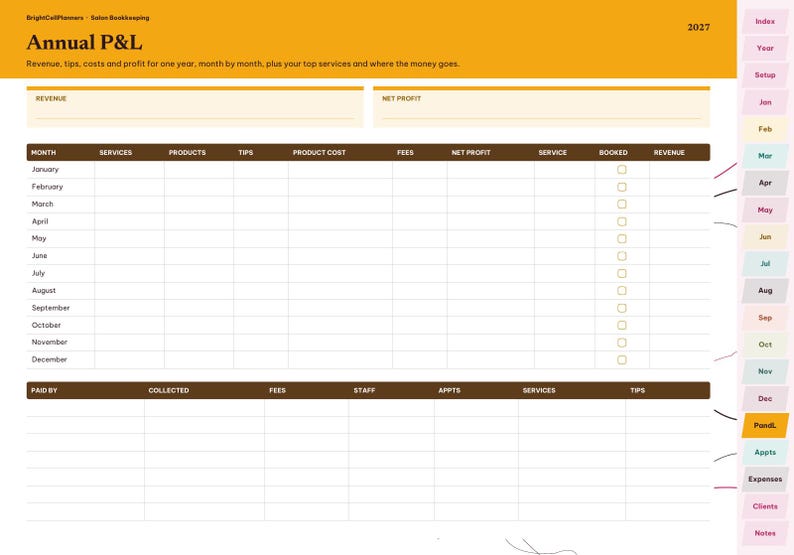 Puede incluir: Una p&aacute;gina de planificador digital anual de p&eacute;rdidas y ganancias para 2027 con un encabezado amarillo titulado Annual P&L. El dise&ntilde;o incluye columnas para mes, servicios, productos, propinas, costos, tarifas y beneficio neto, con una barra de pesta&ntilde;as lateral.