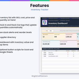 May include: A digital inventory tracker dashboard featuring a list of items, stock logs, low stock alerts, a supplier directory, and revenue metrics. The interface displays columns for SKU, item name, quantity on hand, reorder levels, and order quantities.