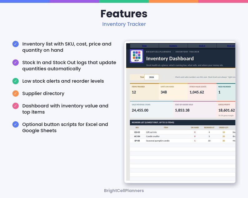 May include: A digital inventory tracker dashboard featuring a list of items, stock logs, low stock alerts, a supplier directory, and revenue metrics. The interface displays columns for SKU, item name, quantity on hand, reorder levels, and order quantities.