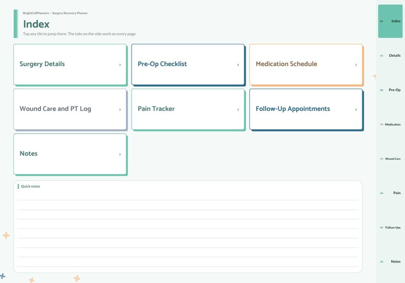 May include: A digital surgery recovery planner interface with a white background and teal accents. The index page features clickable tiles labeled Surgery Details, Pre-Op Checklist, Medication Schedule, Wound Care and PT Log, Pain Tracker, and Follow-Up Appointments, with a lined section for quick notes at the bottom.