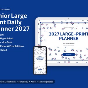 2027 Large Print Planner Digital, Senior Daily Planner, Appointment Calendar, Medication List, Contacts, Birthdays image 1
