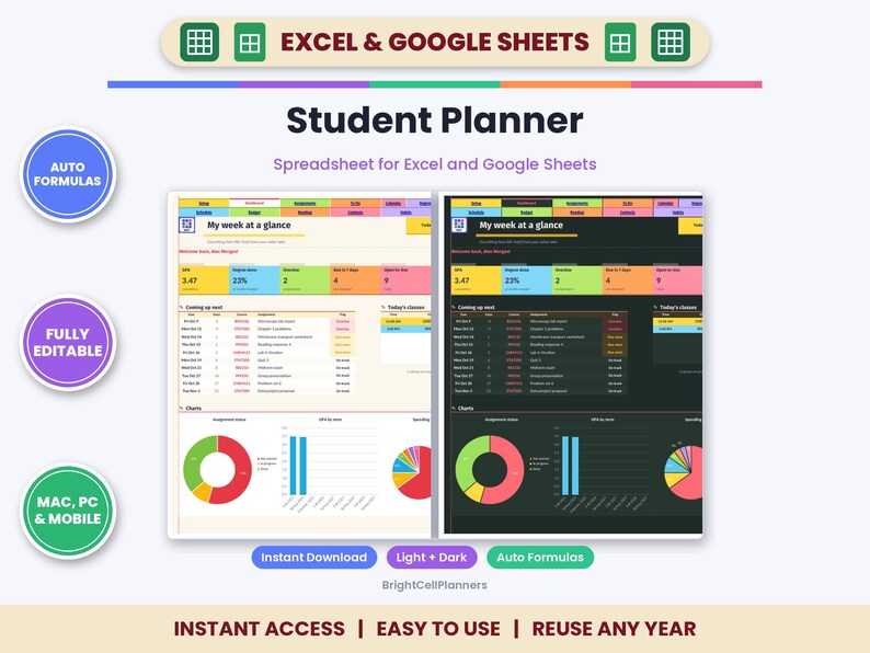 Student Planner Spreadsheet for Excel & Google Sheets - Assignment Tracker and GPA Calculator image 1