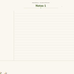 May include: A digital journal page titled Notes 1 with a cream background. The layout features a left-hand navigation sidebar with tabs for Index, Baseline, Food Diary, Bristol, Bowel Log, FODMAP, Foods, Habits, Supplements, Doctor, and Notes.