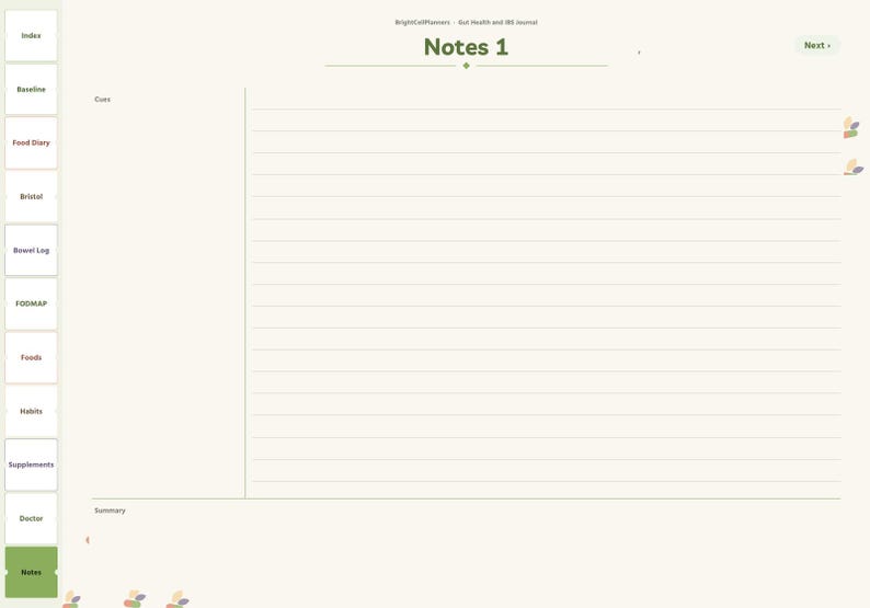 May include: A digital journal page titled Notes 1 with a cream background. The layout features a left-hand navigation sidebar with tabs for Index, Baseline, Food Diary, Bristol, Bowel Log, FODMAP, Foods, Habits, Supplements, Doctor, and Notes.