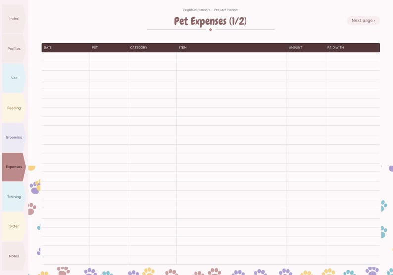 May include: A digital pet expense tracker page with a dark brown header labeled Pet Expenses (1/2). The table includes columns for Date, Pet, Category, Item, Amount, and Paid With. The left side features a vertical navigation tab menu with pastel-colored icons and labels, while the bottom border is decorated with a repeating pattern of small, colorful paw prints.