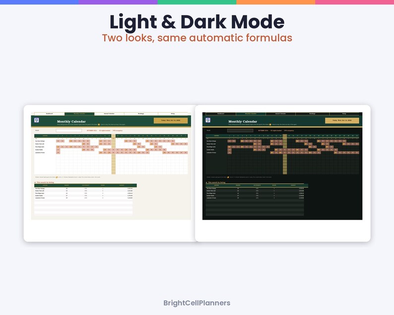 May include: A digital spreadsheet interface displayed in two versions, light mode and dark mode, titled Light & Dark Mode Two looks, same automatic formulas. The layout features a monthly calendar grid with rows for data entry and BrightCellPlanners text.
