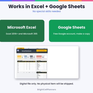 Puede incluir: Una plantilla de panel digital compatible con Microsoft Excel 2016+ y Microsoft 365, y Google Sheets. El gr&aacute;fico muestra una interfaz de panel anual con tablas de datos, gr&aacute;ficos y el texto Works in Excel + Google Sheets.