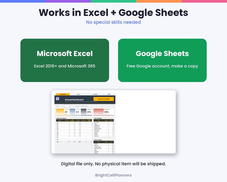 Puede incluir: Una plantilla de panel digital compatible con Microsoft Excel 2016+ y Microsoft 365, y Google Sheets. El gr&aacute;fico muestra una interfaz de panel anual con tablas de datos, gr&aacute;ficos y el texto Works in Excel + Google Sheets.